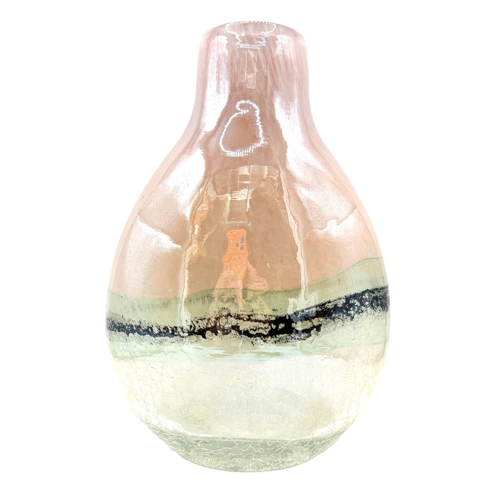 Original Hand-Blown Art Glass Vase, Crackled Glass, Pink, Green with Black Band